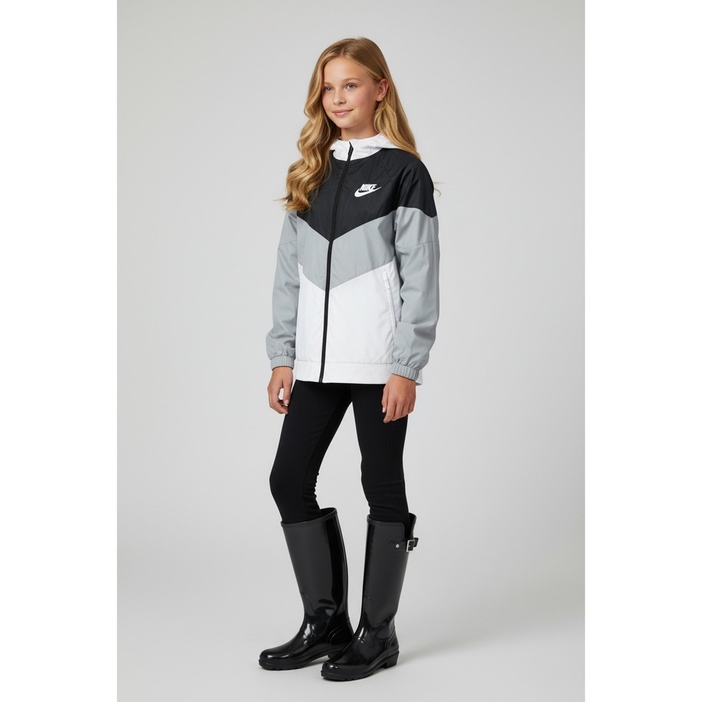 Nike Windrunner Kids XL Windbreaker Jacket Black White Grey Hooded Sportswear